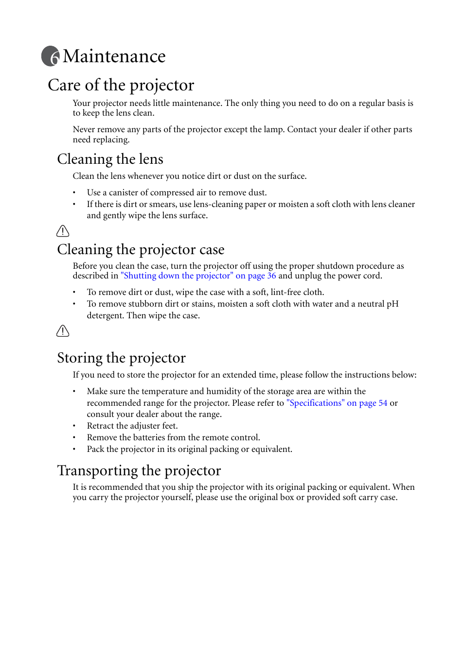 Maintenance, Care of the projector, Cleaning the lens | Cleaning the projector case, Storing the projector, Transporting the projector | BenQ MP620C User Manual | Page 50 / 62