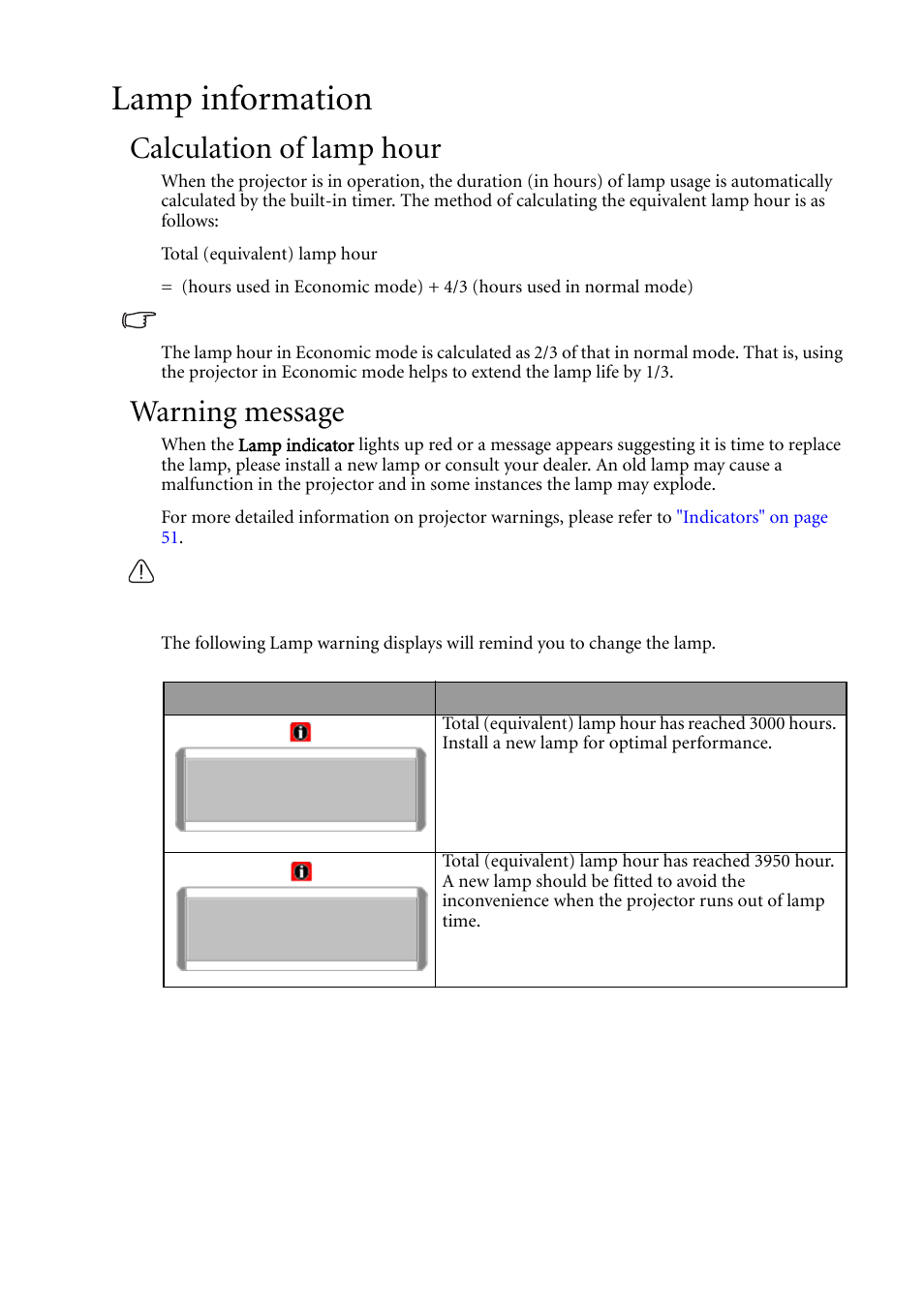 Lamp information, Calculation of lamp hour, Warning message | BenQ MP620C User Manual | Page 51 / 62