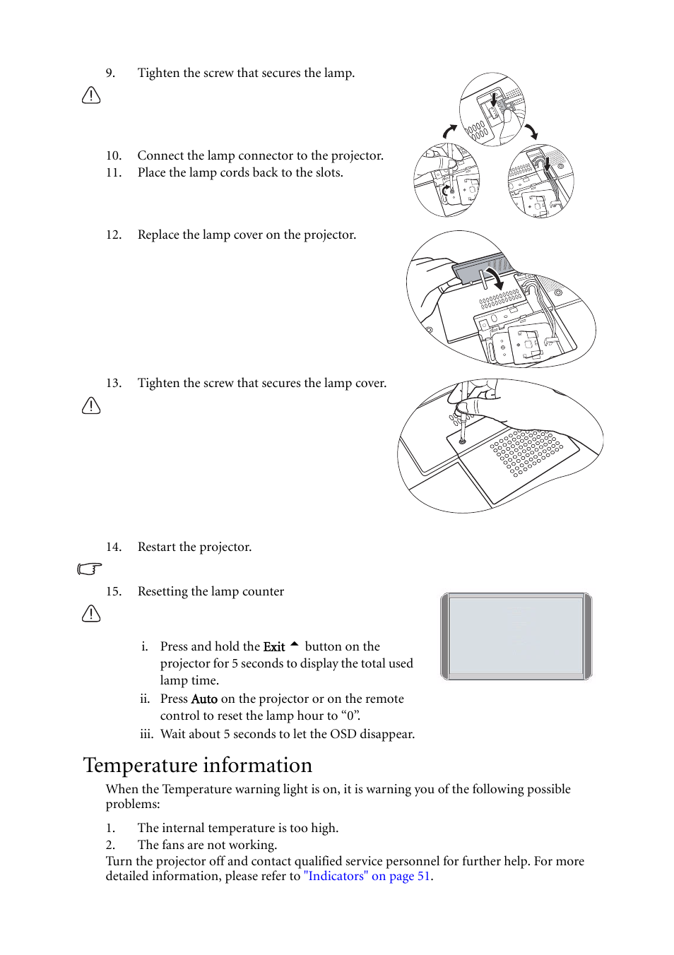 Temperature information | BenQ MP620C User Manual | Page 54 / 62