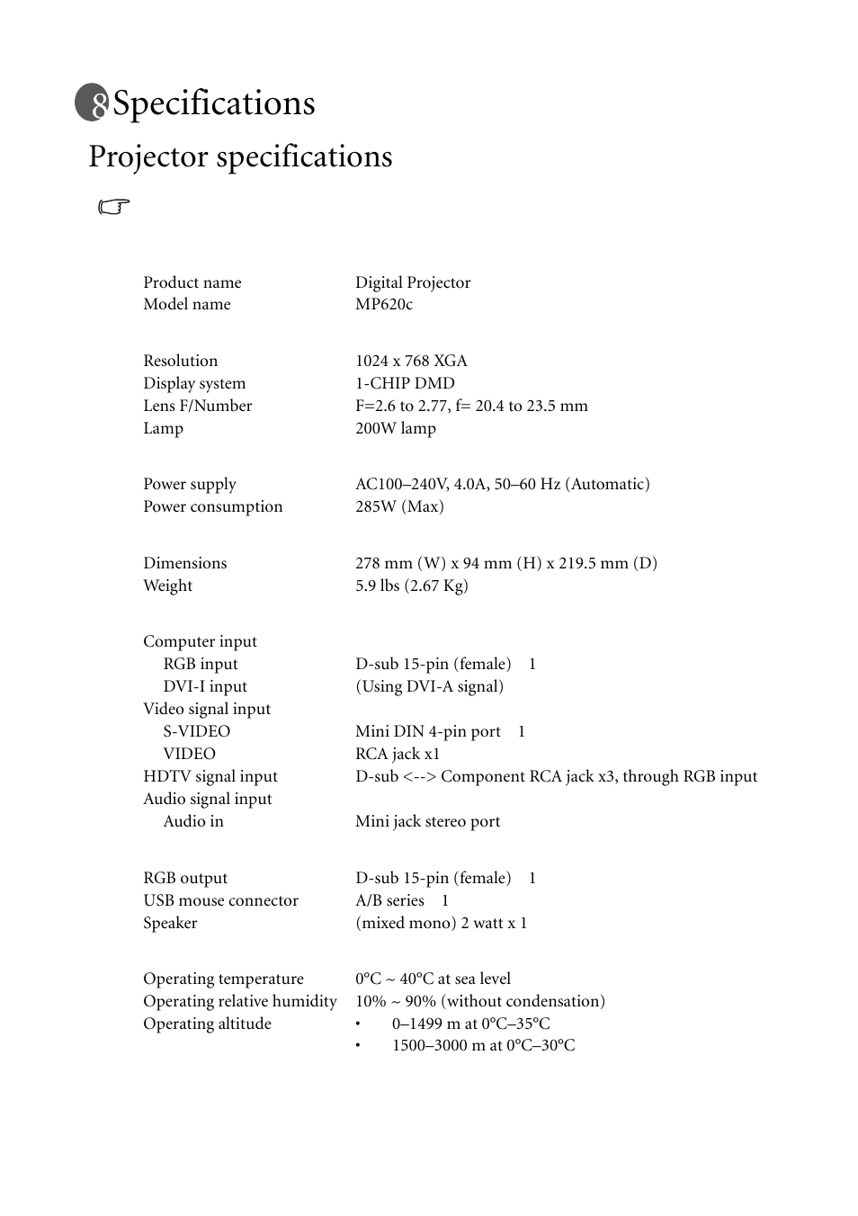 Specifications, Projector specifications | BenQ MP620C User Manual | Page 58 / 62