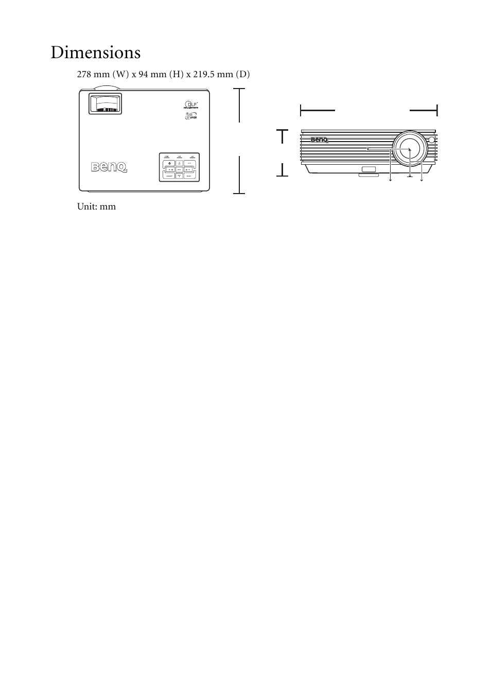 Dimensions | BenQ MP620C User Manual | Page 60 / 62