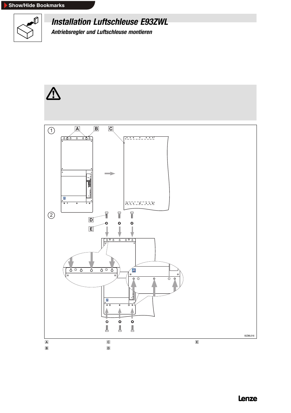 4 antriebsregler und luftschleuse montieren, 1 antriebsregler auf montageplatte befestigen, Antriebsregler und luftschleuse montieren | Antriebsregler auf montageplatte befestigen, Installation luftschleuse e93zwl | Lenze E93ZWLX User Manual | Page 12 / 77