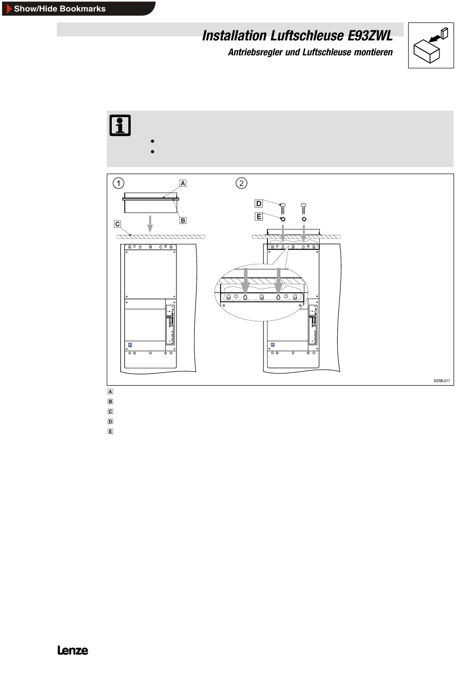 2 luftschleuse an montageplatte befestigen, Luftschleuse an montageplatte befestigen, Installation luftschleuse e93zwl | Lenze E93ZWLX User Manual | Page 13 / 77