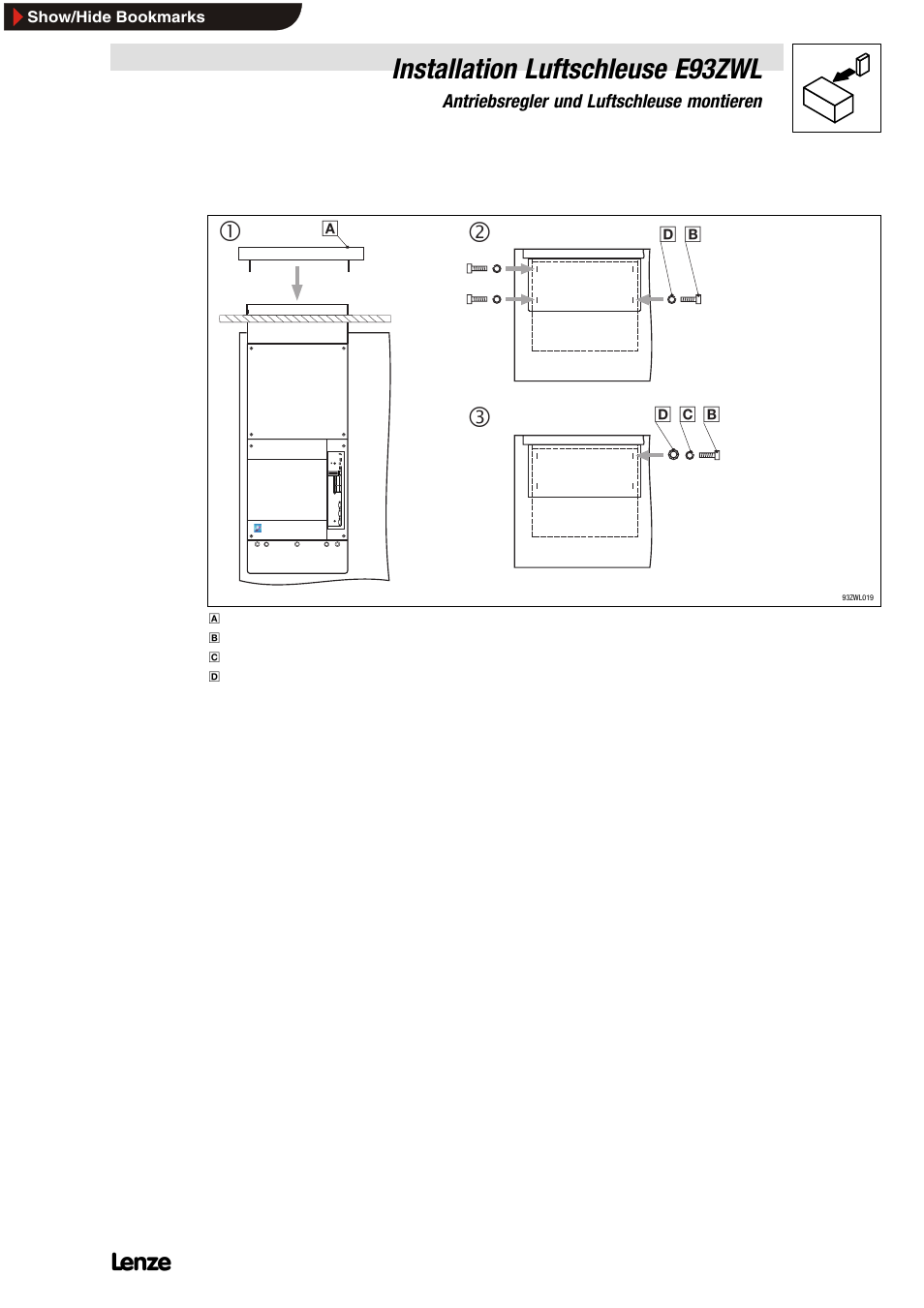 5 abdeckung auf luftschleuse befestigen, Abdeckung auf luftschleuse befestigen, Installation luftschleuse e93zwl | Lenze E93ZWLX User Manual | Page 15 / 77