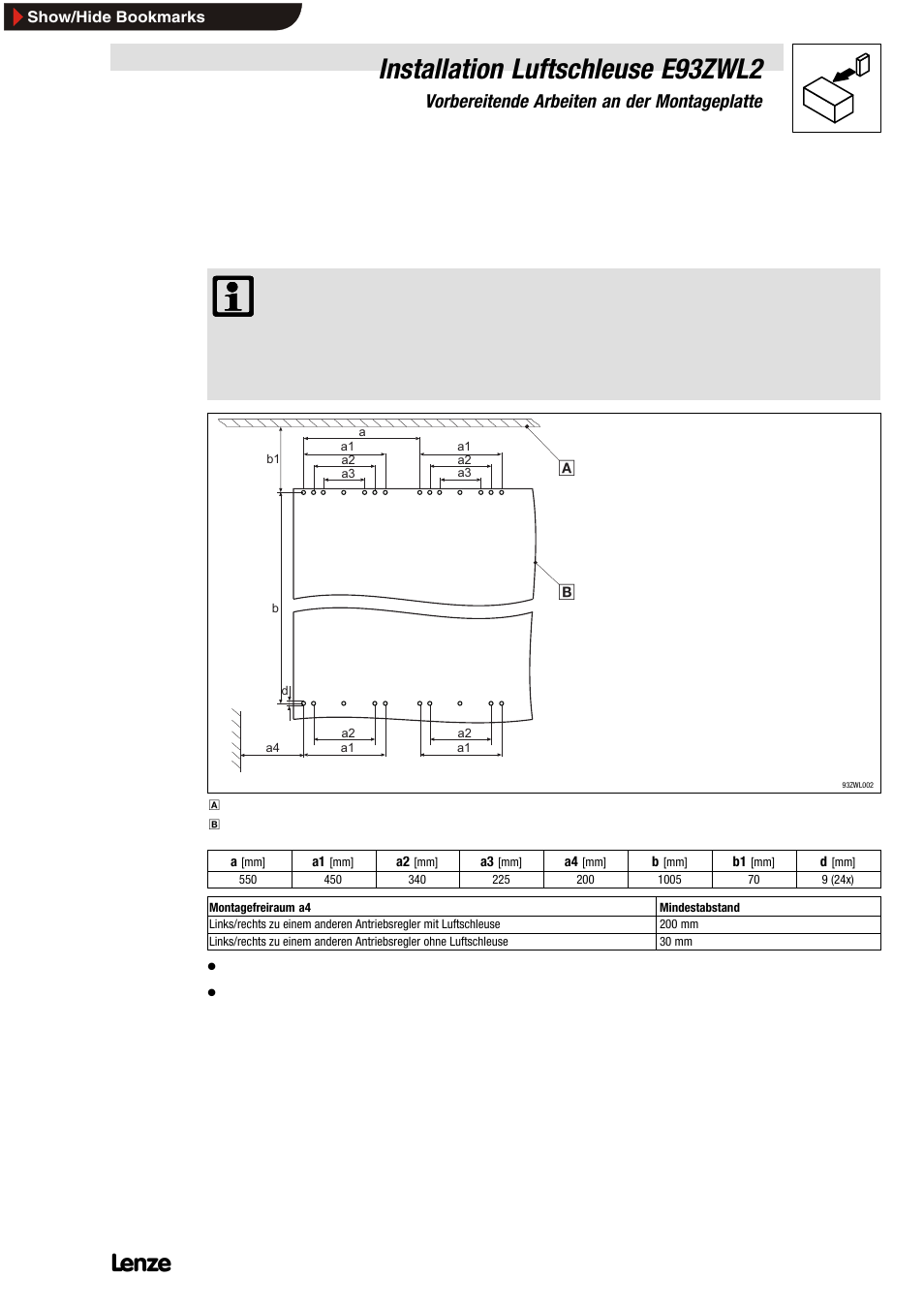 2 vorbereitende arbeiten an der montageplatte, 1 bohrungen durchführen, Vorbereitende arbeiten an der montageplatte | Bohrungen durchführen, Installation luftschleuse e93zwl2 | Lenze E93ZWLX User Manual | Page 17 / 77