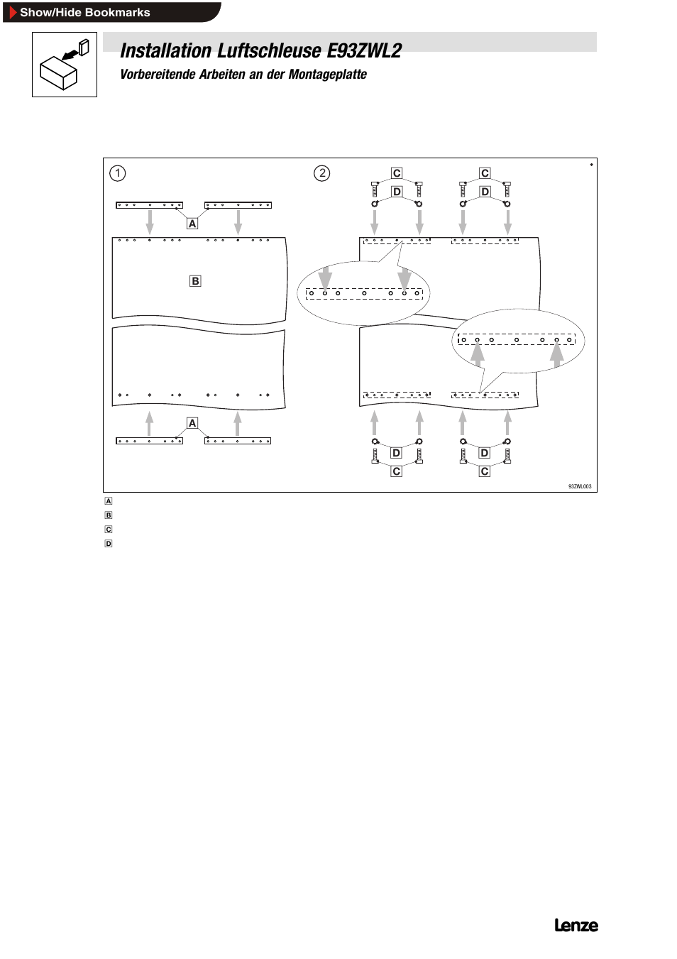 2 montageschienen an montageplatte befestigen, Montageschienen an montageplatte befestigen, Installation luftschleuse e93zwl2 | Lenze E93ZWLX User Manual | Page 18 / 77