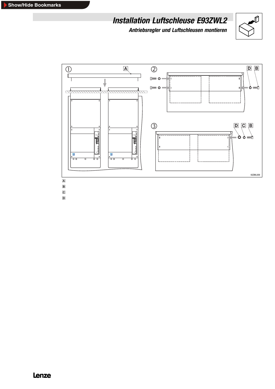 5 abdeckung auf luftschleusen befestigen, Abdeckung auf luftschleusen befestigen, Installation luftschleuse e93zwl2 | Lenze E93ZWLX User Manual | Page 25 / 77