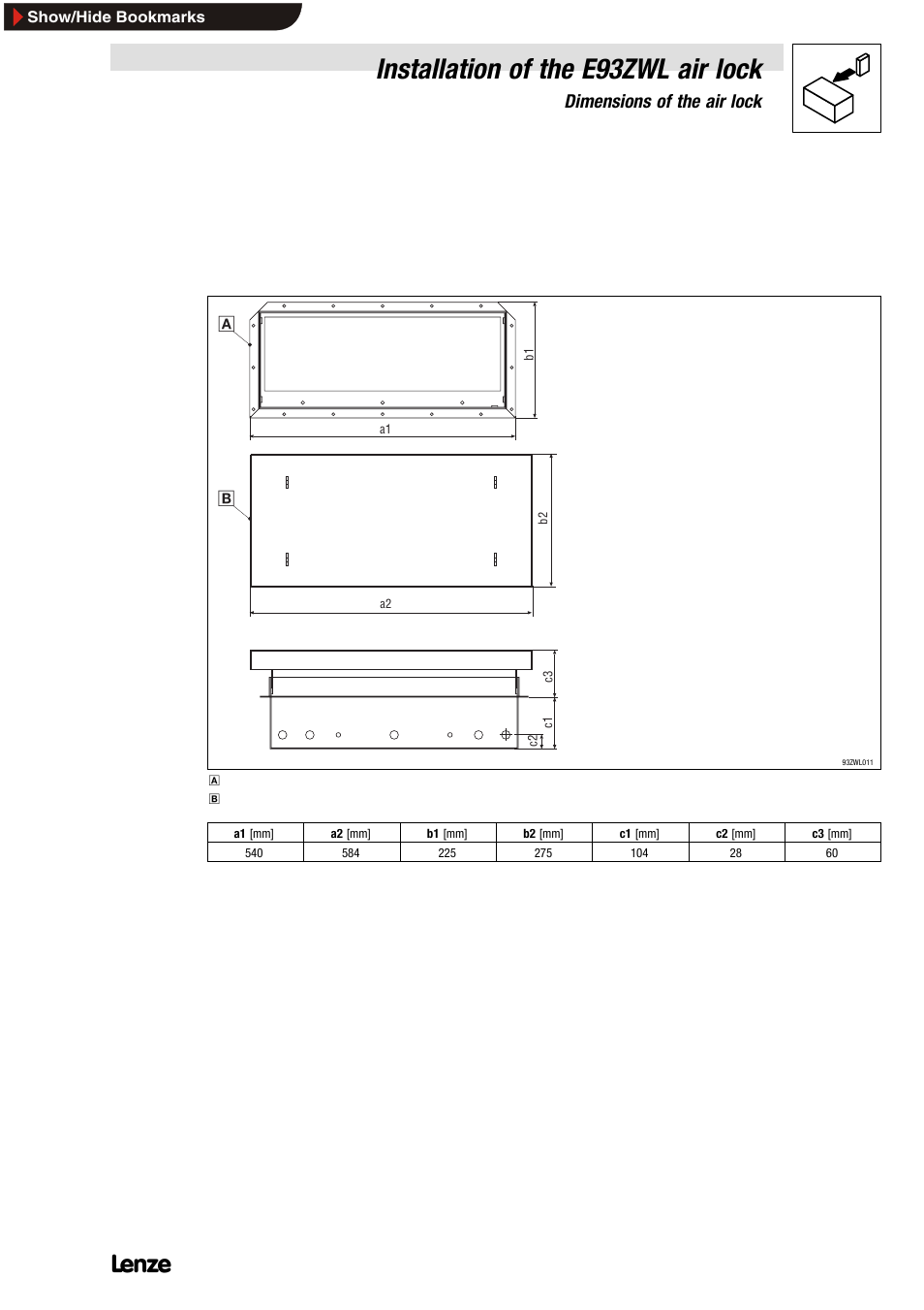 3 installation of the e93zwl air lock, 1 dimensions of the air lock, Installation of the e93zwl air lock | 3installation of the e93zwl air lock, Dimensions of the air lock | Lenze E93ZWLX User Manual | Page 31 / 77