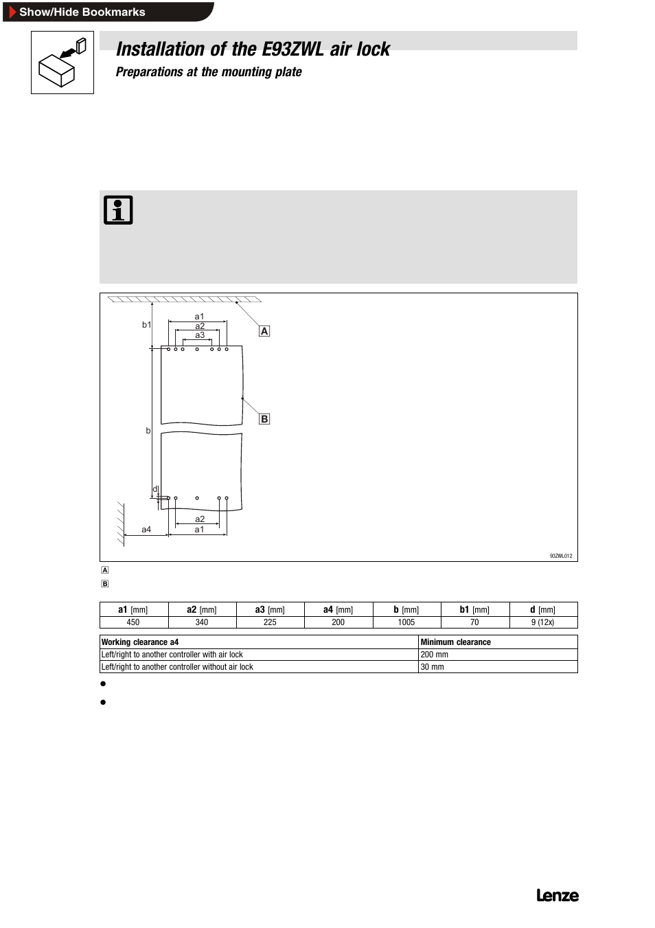 2 preparations at the mounting plate, 1 drill bore holes, Installation of the e93zwl air lock | Lenze E93ZWLX User Manual | Page 32 / 77