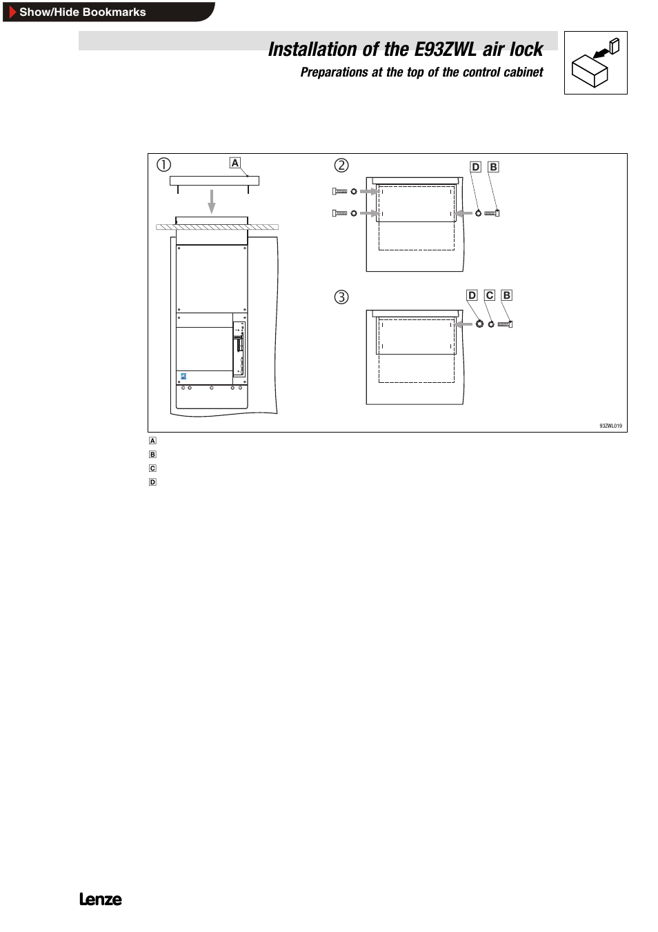 5 fix cover on air lock, Installation of the e93zwl air lock | Lenze E93ZWLX User Manual | Page 39 / 77