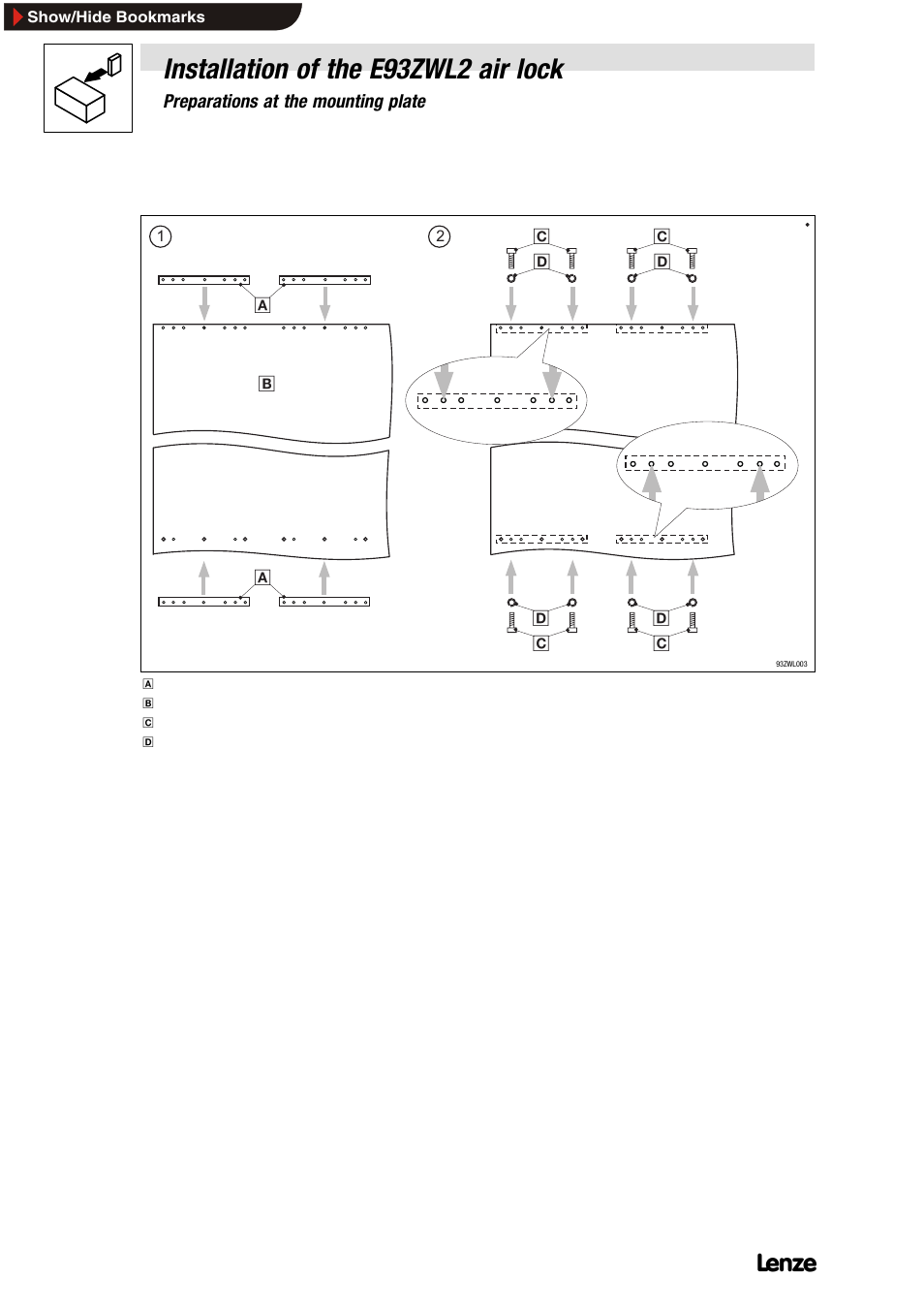 2 fix mounting rails to mounting plate, Installation of the e93zwl2 air lock | Lenze E93ZWLX User Manual | Page 42 / 77