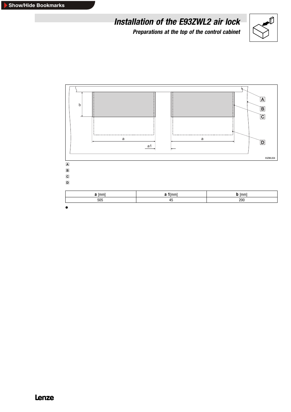 3 preparations at the top of the control cabinet, 1 recesses in top of control cabinet (top view), Installation of the e93zwl2 air lock | Preparations at the top of the control cabinet | Lenze E93ZWLX User Manual | Page 43 / 77