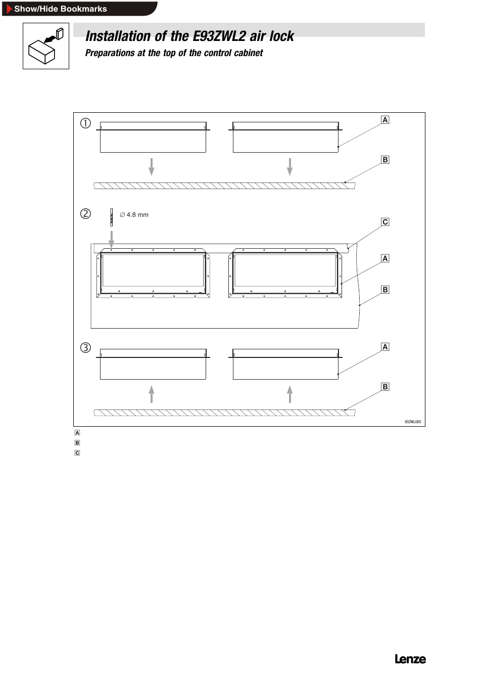 Installation of the e93zwl2 air lock | Lenze E93ZWLX User Manual | Page 44 / 77