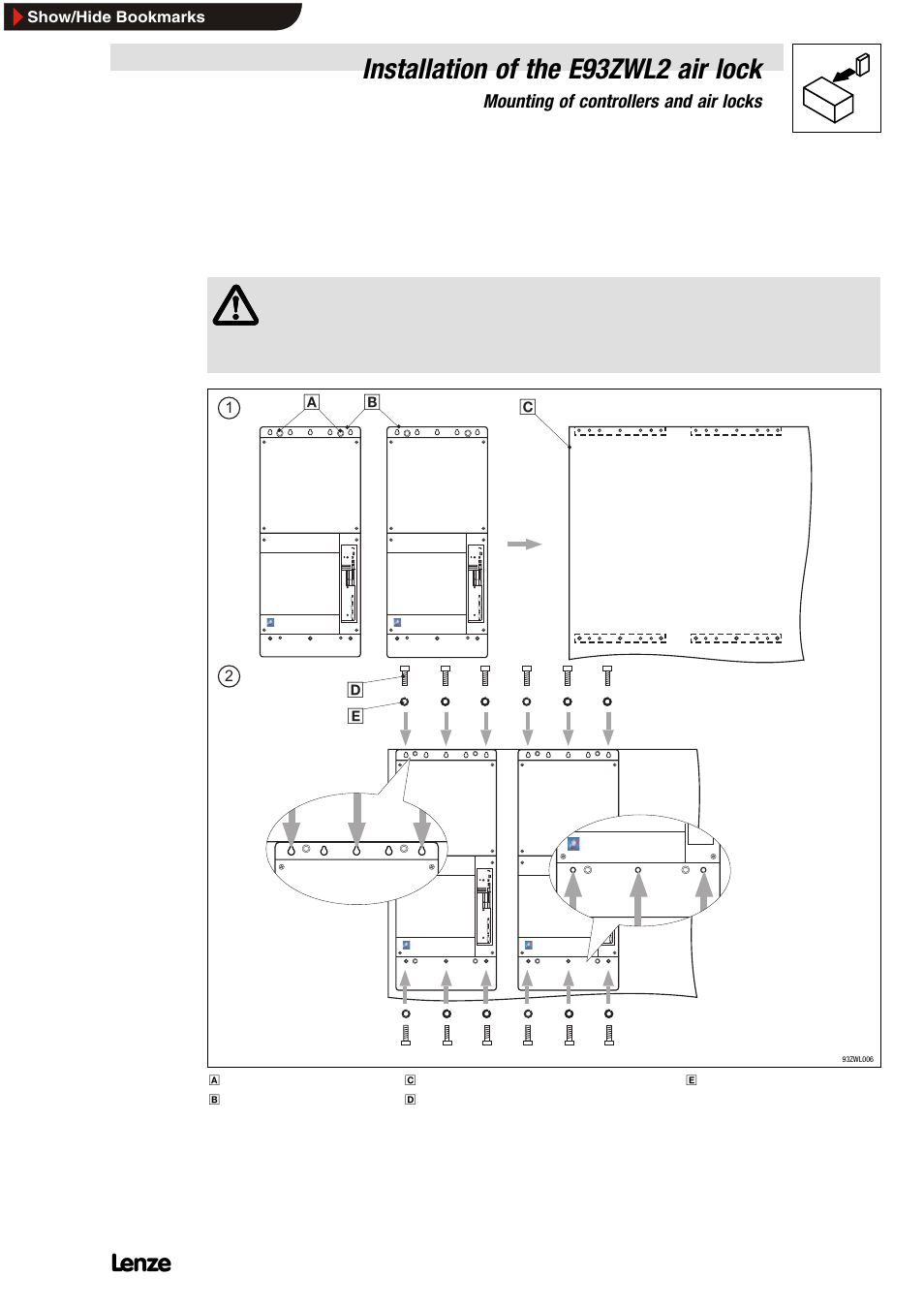 4 mounting of controllers and air locks, 1 fix controllers on mounting plate, Installation of the e93zwl2 air lock | Lenze E93ZWLX User Manual | Page 45 / 77