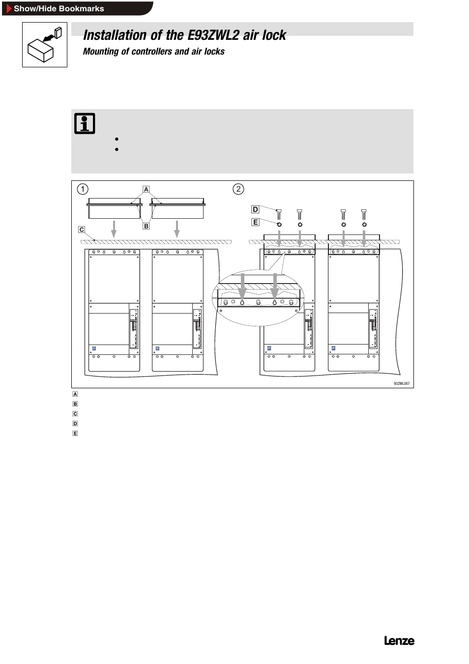 2 fix air locks to mounting plate, Installation of the e93zwl2 air lock | Lenze E93ZWLX User Manual | Page 46 / 77