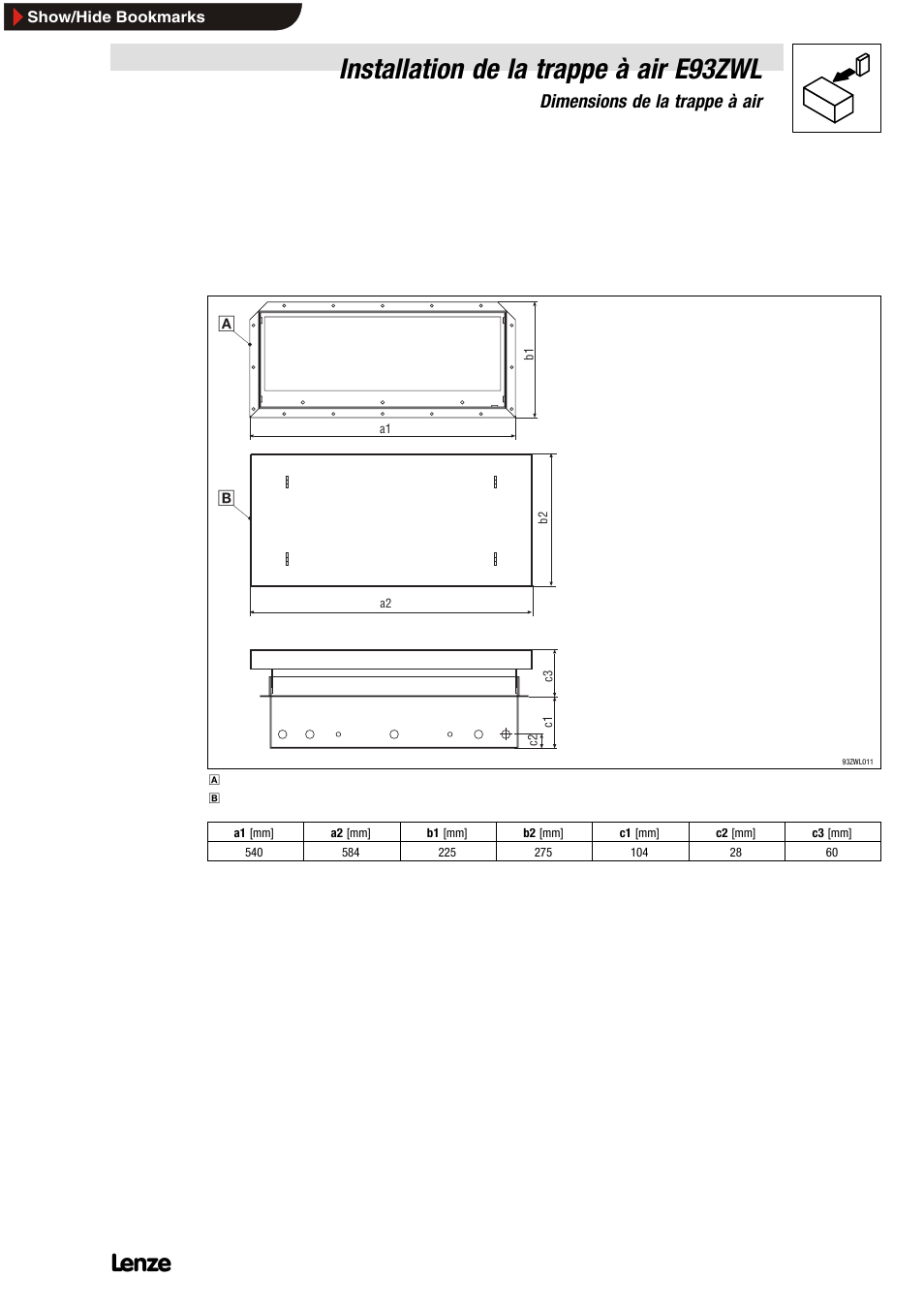 3 installation de la trappe à air e93zwl, 1 dimensions de la trappe à air, Installation de la trappe à air e93zwl | 3installation de la trappe à air e93zwl, Dimensions de la trappe à air | Lenze E93ZWLX User Manual | Page 55 / 77