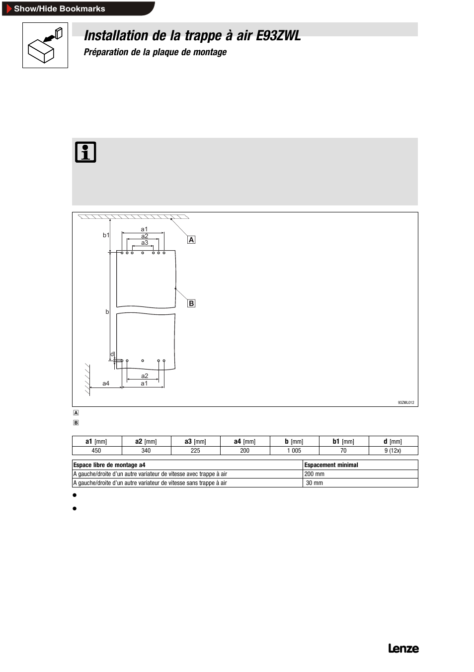 2 préparation de la plaque de montage, 1 percer les trous, Installation de la trappe à air e93zwl | Lenze E93ZWLX User Manual | Page 56 / 77