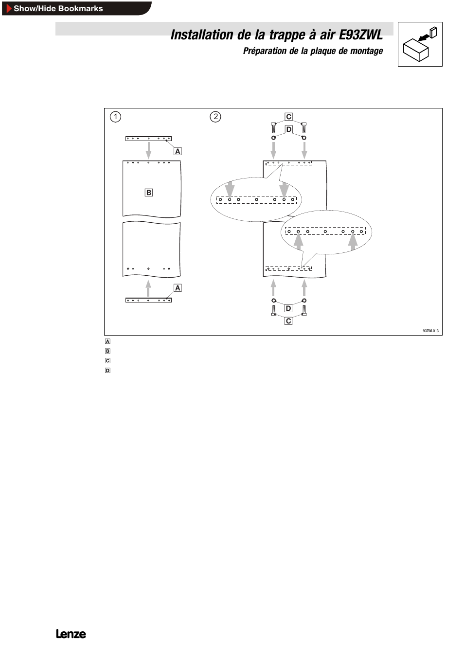 2 fixer les embases à la plaque de montage, Installation de la trappe à air e93zwl | Lenze E93ZWLX User Manual | Page 57 / 77