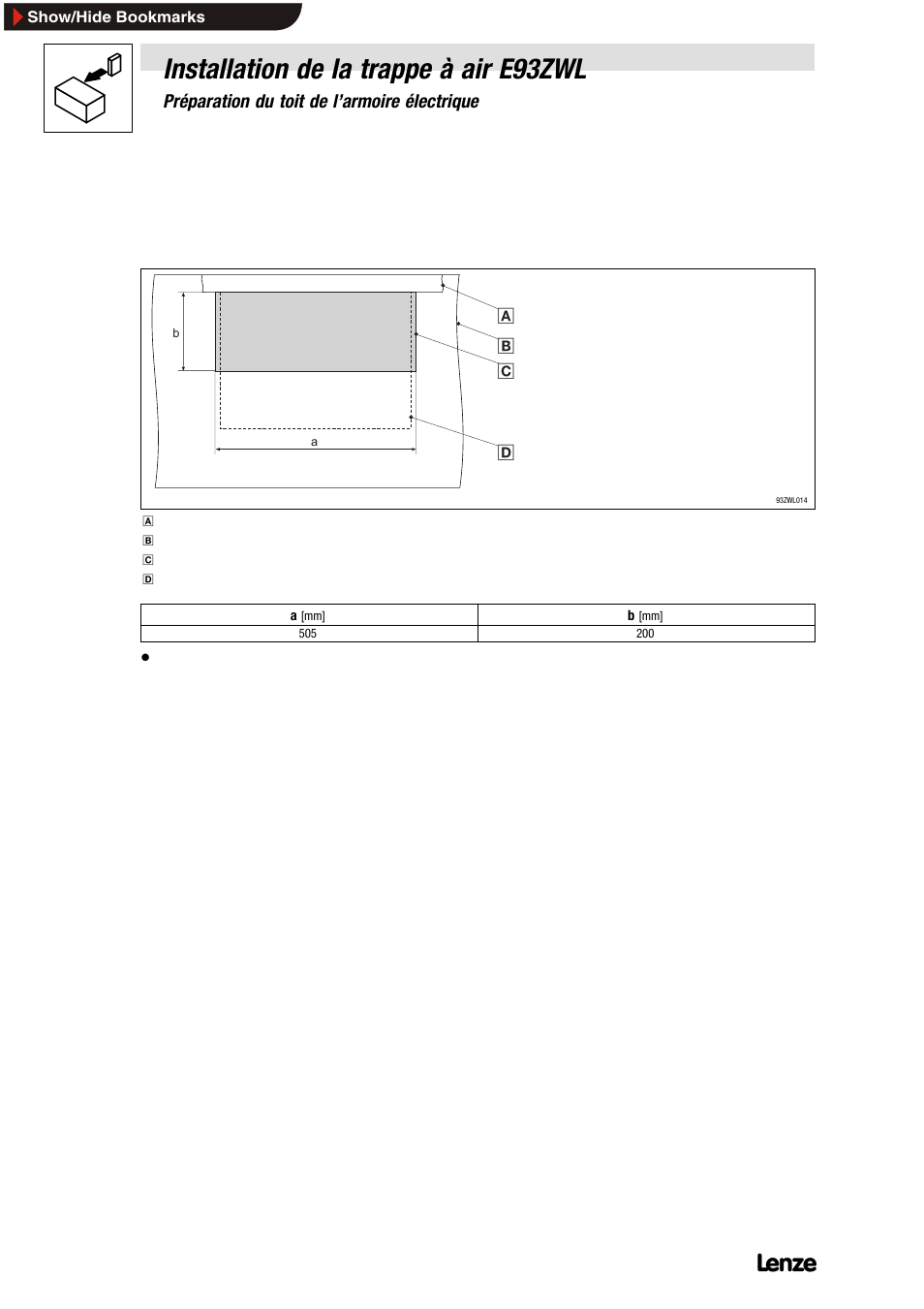 3 préparation du toit de l'armoire électrique, Installation de la trappe à air e93zwl, 3 préparation du toit de l’armoire électrique | Lenze E93ZWLX User Manual | Page 58 / 77