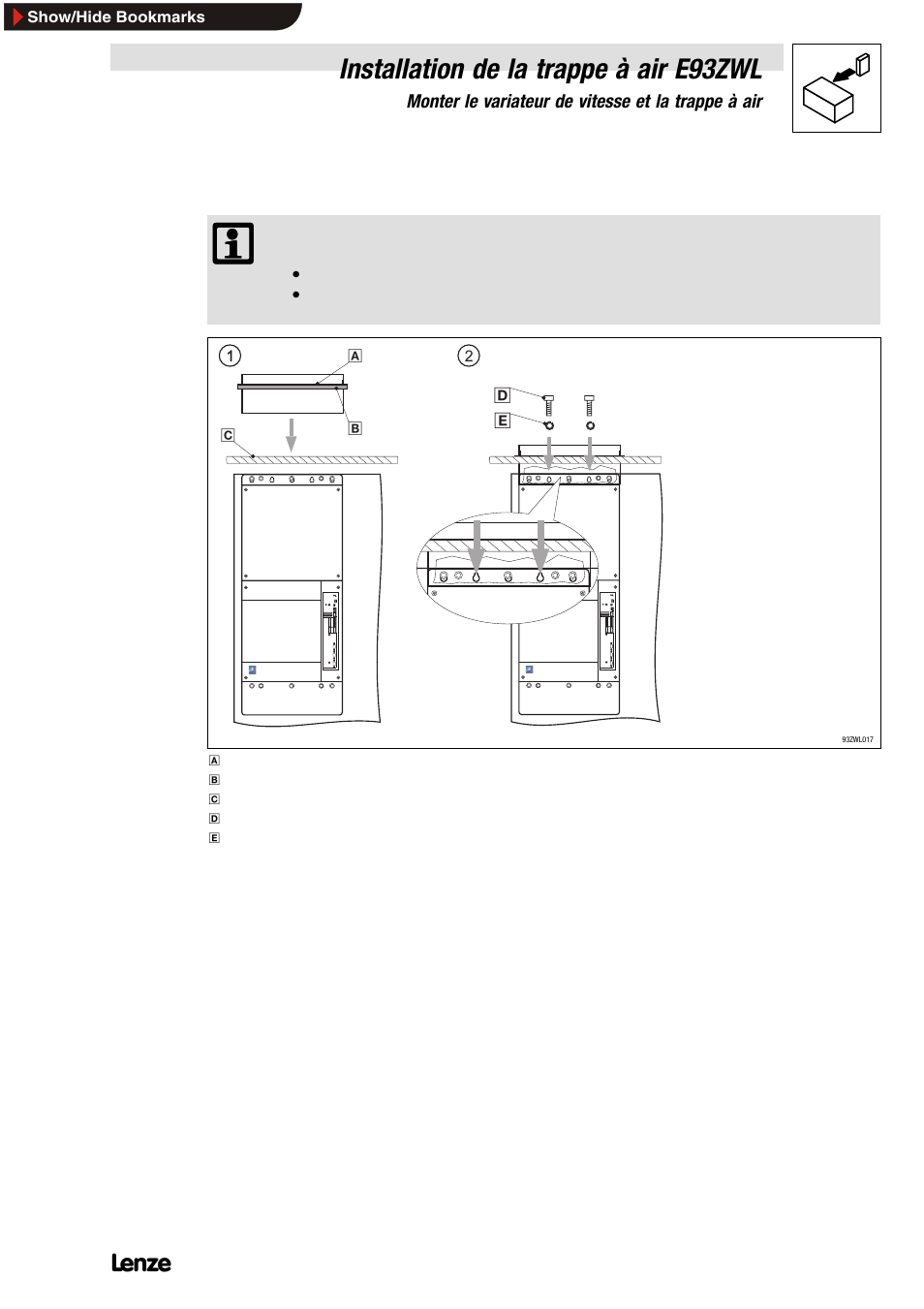 2 fixer la trappe à air à la plaque de montage, Installation de la trappe à air e93zwl | Lenze E93ZWLX User Manual | Page 61 / 77