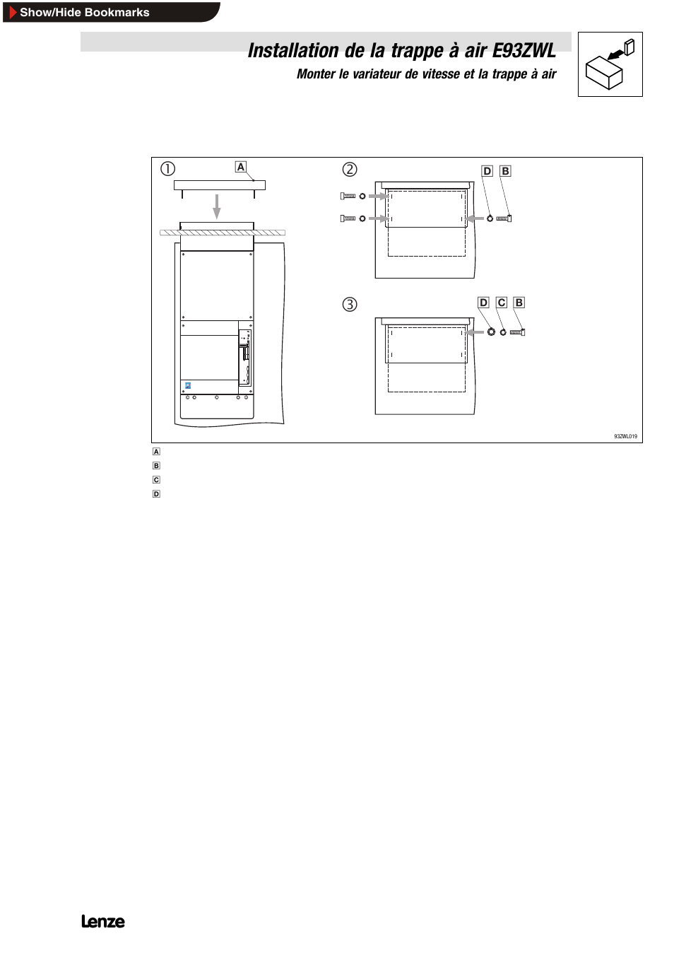 5 fixer le couvercle sur la trappe à air, Installation de la trappe à air e93zwl | Lenze E93ZWLX User Manual | Page 63 / 77