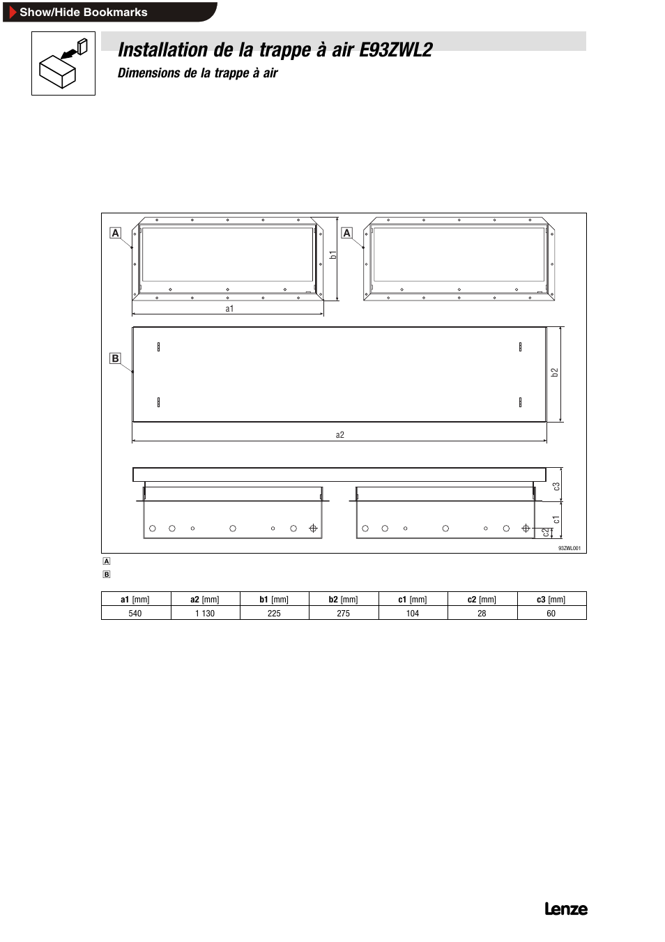 4 installation de la trappe à air e93zwl2, 1 dimensions de la trappe à air, Installation de la trappe à air e93zwl2 | 4installation de la trappe à air e93zwl2, Dimensions de la trappe à air | Lenze E93ZWLX User Manual | Page 64 / 77
