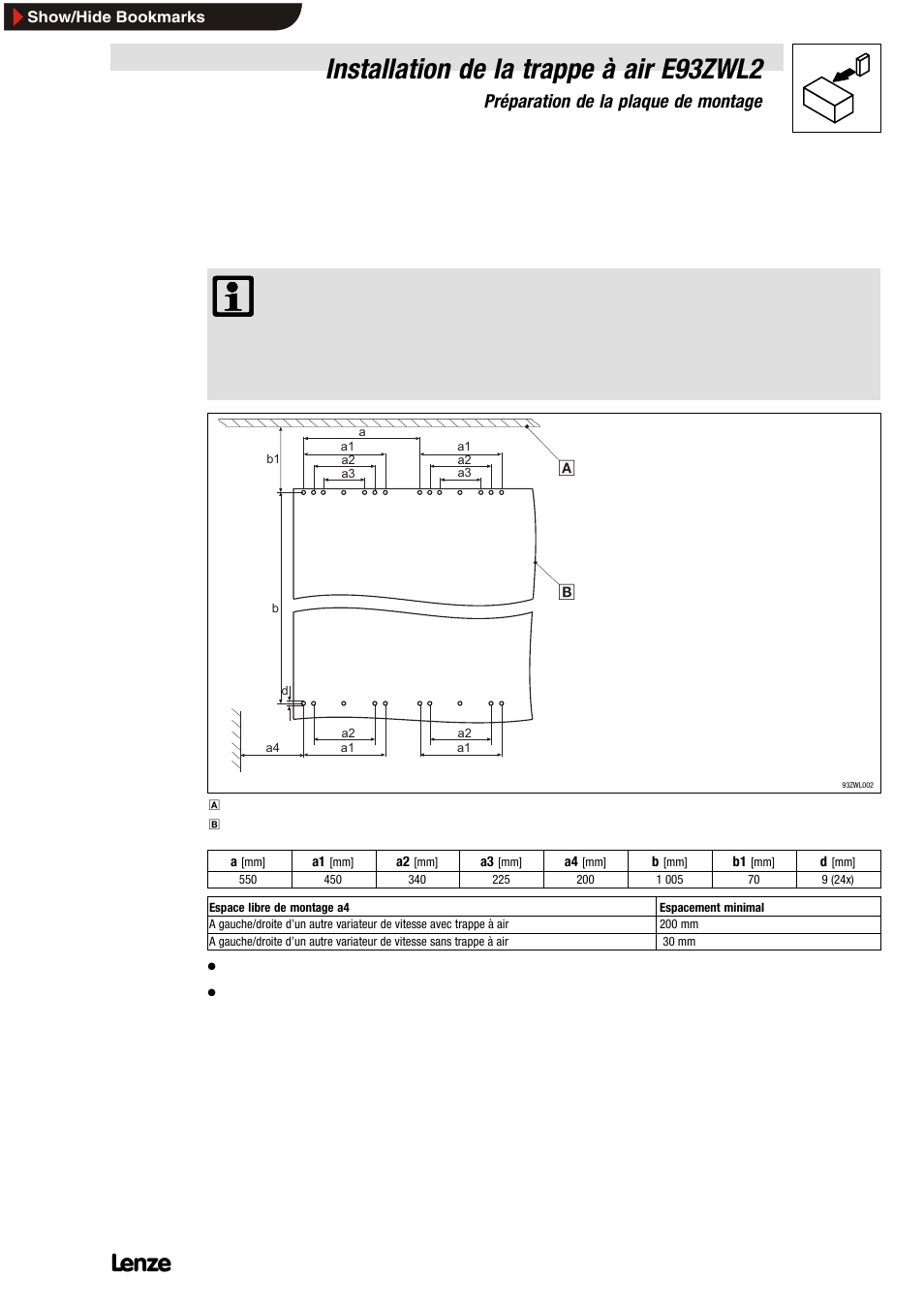 2 préparation de la plaque de montage, 1 percer les trous, Installation de la trappe à air e93zwl2 | Lenze E93ZWLX User Manual | Page 65 / 77