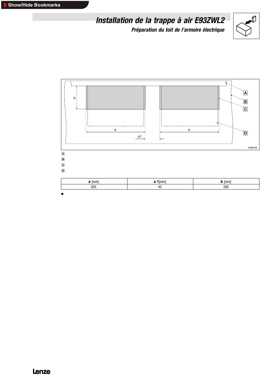 3 préparation du toit de l'armoire électrique, Installation de la trappe à air e93zwl2, 3 préparation du toit de l’armoire électrique | Préparation du toit de l’armoire électrique | Lenze E93ZWLX User Manual | Page 67 / 77