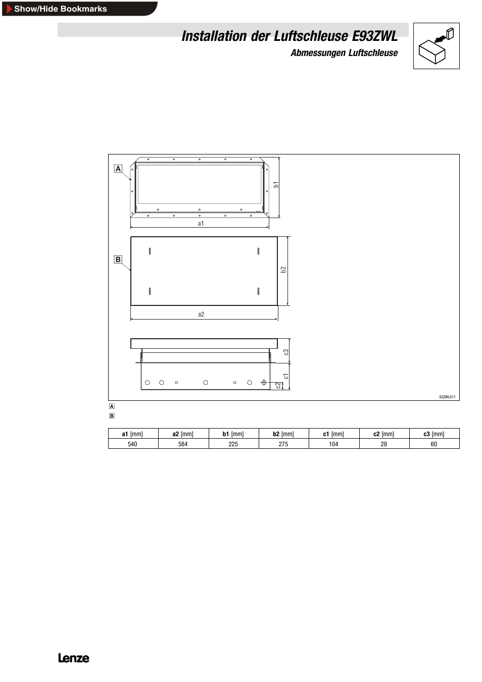 3 installation der luftschleuse e93zwl, 1 abmessungen luftschleuse, Installation der luftschleuse e93zwl | Abmessungen luftschleuse, 3installation der luftschleuse e93zwl | Lenze E93ZWLX User Manual | Page 7 / 77