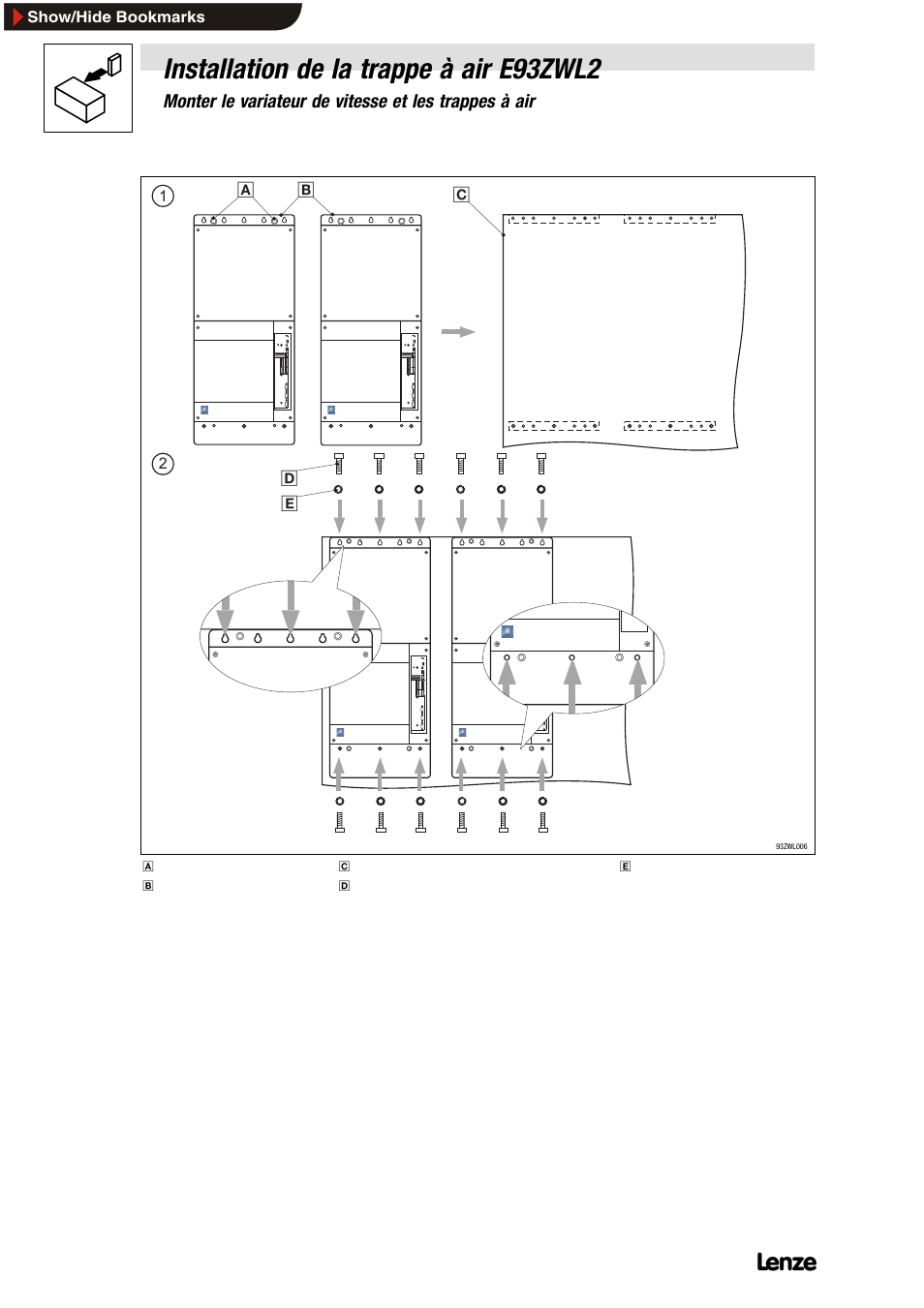 Installation de la trappe à air e93zwl2 | Lenze E93ZWLX User Manual | Page 70 / 77