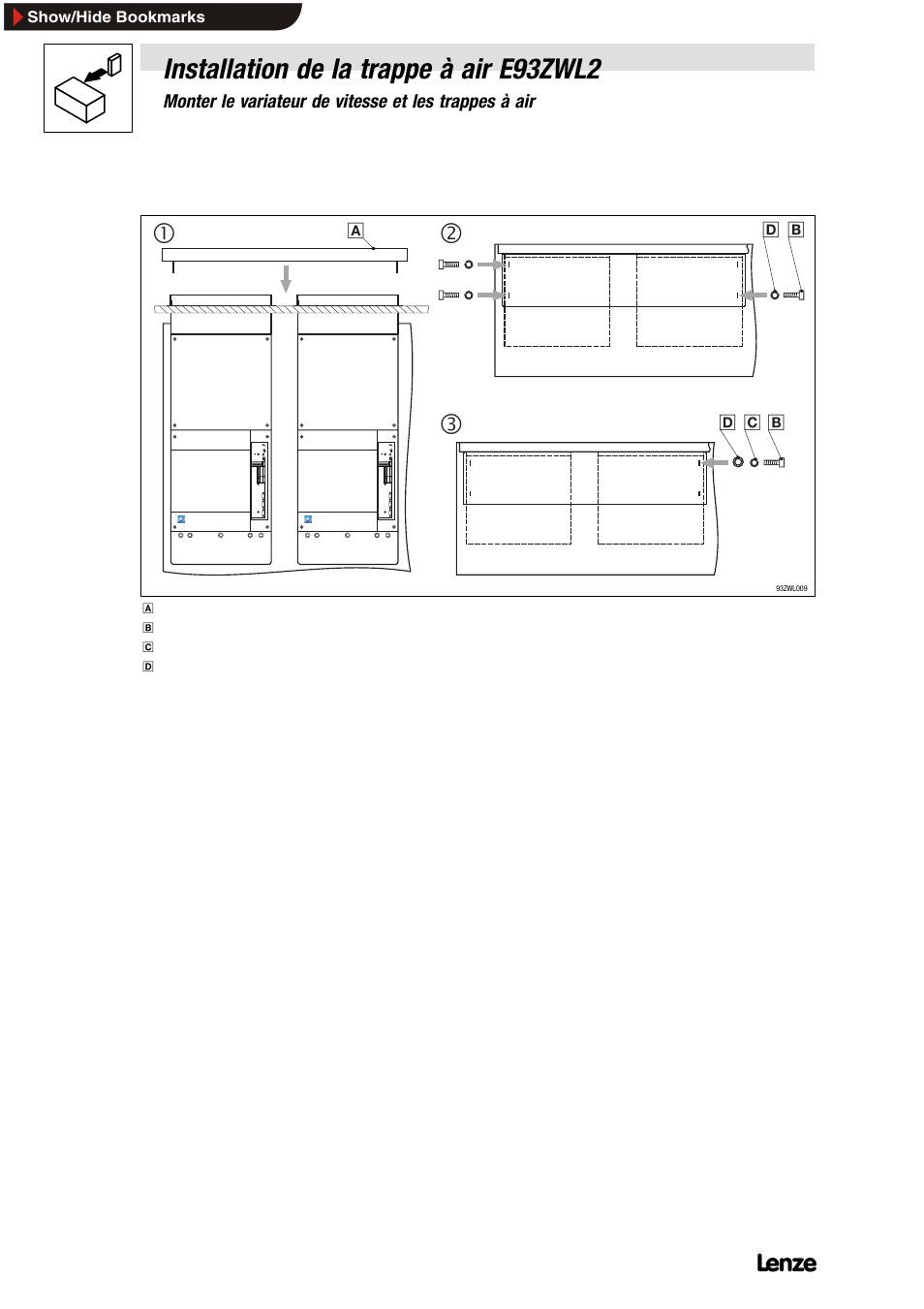 5 fixer le couvercle sur les trappes à air, Fixer le couvercle sur les trappes à air, Installation de la trappe à air e93zwl2 | Lenze E93ZWLX User Manual | Page 74 / 77