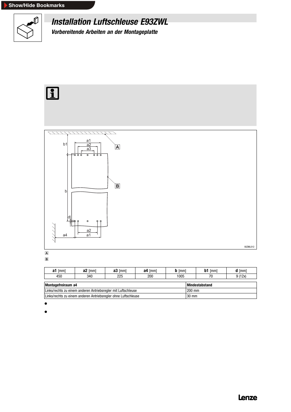 2 vorbereitende arbeiten an der montageplatte, 1 bohrungen durchführen, Vorbereitende arbeiten an der montageplatte | Bohrungen durchführen, Installation luftschleuse e93zwl | Lenze E93ZWLX User Manual | Page 8 / 77