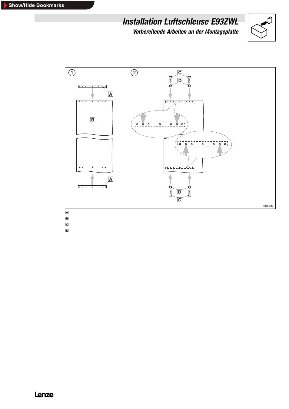 2 montageschienen an montageplatte befestigen, Montageschienen an montageplatte befestigen, Installation luftschleuse e93zwl | Lenze E93ZWLX User Manual | Page 9 / 77