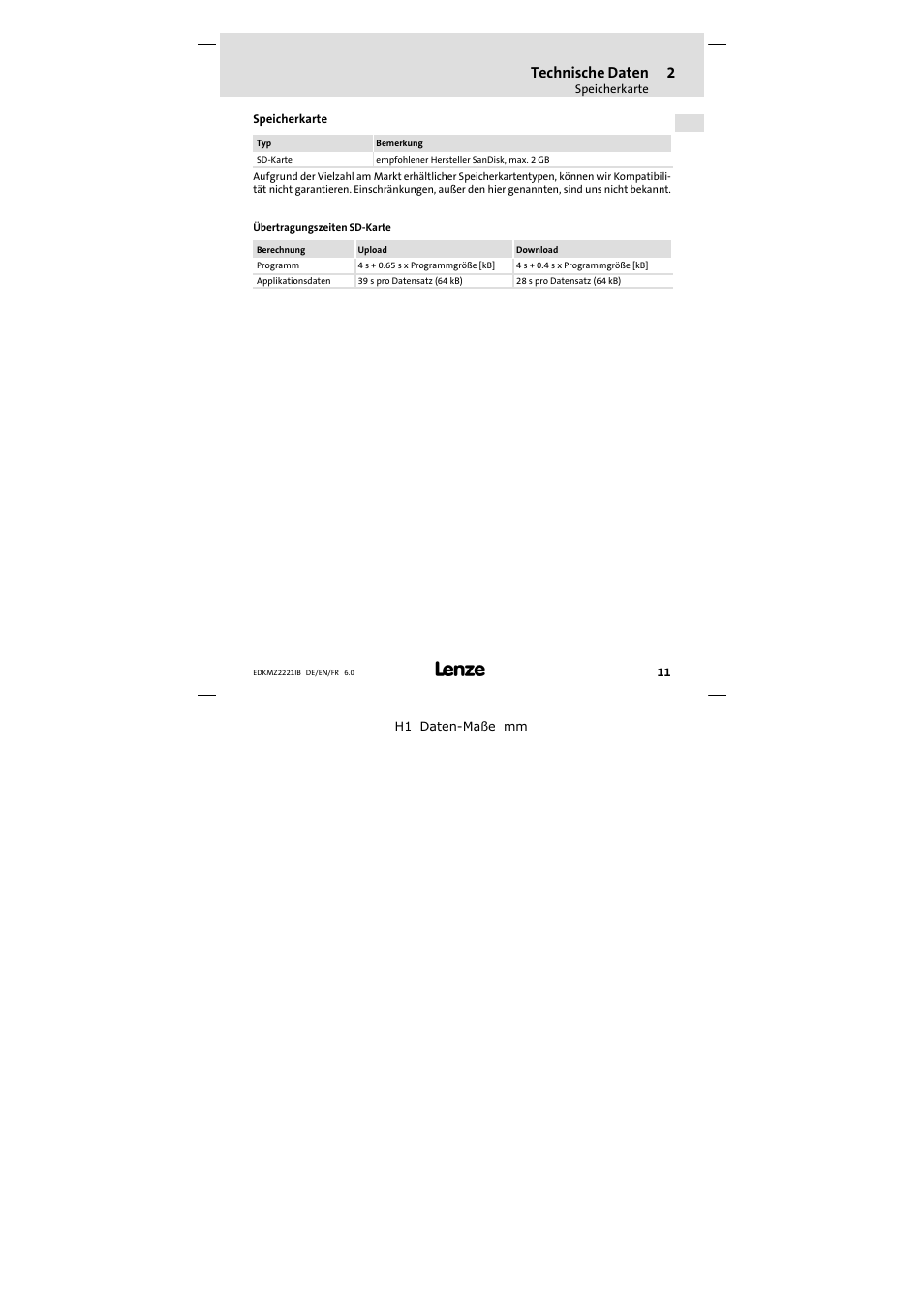 Speicherkarte, Technische daten | Lenze EMZ2221IB User Manual | Page 11 / 58