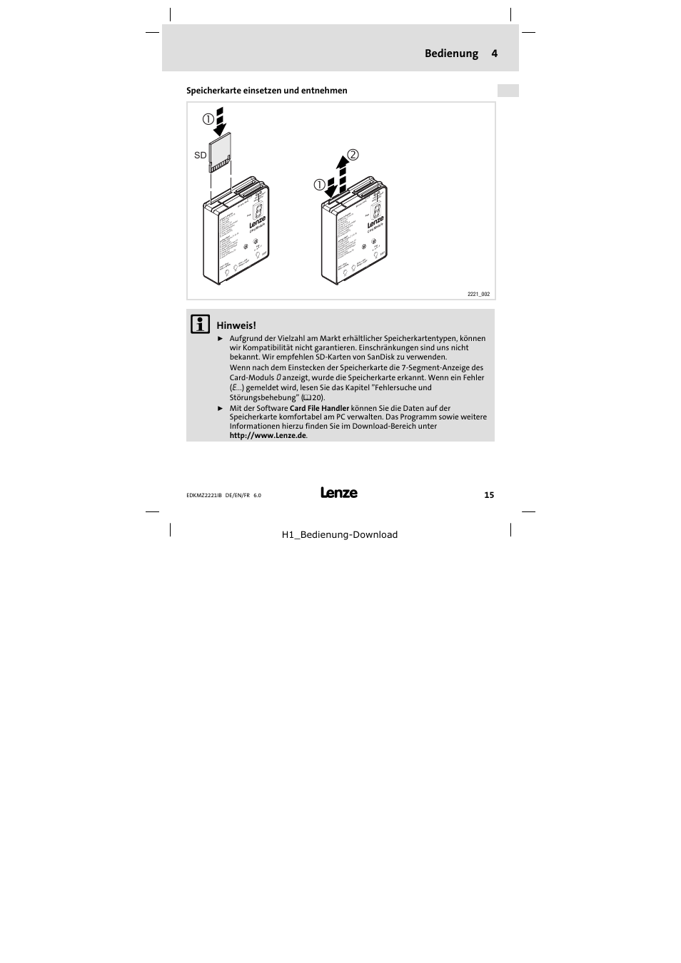 4 bedienung, Speicherkarte einsetzen und entnehmen, Bedienung | Bedienung 4, Hinweis, H1_bedienung−download | Lenze EMZ2221IB User Manual | Page 15 / 58