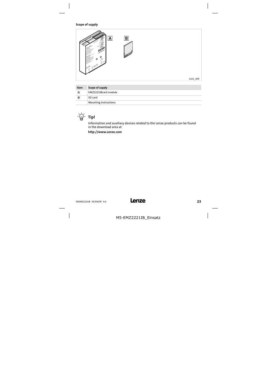 Scope of supply, Item scope of supply, Emz2221ibcard module | Sd card mounting instructions | Lenze EMZ2221IB User Manual | Page 23 / 58