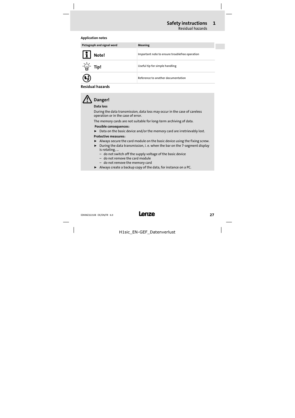Residual hazards | Lenze EMZ2221IB User Manual | Page 27 / 58