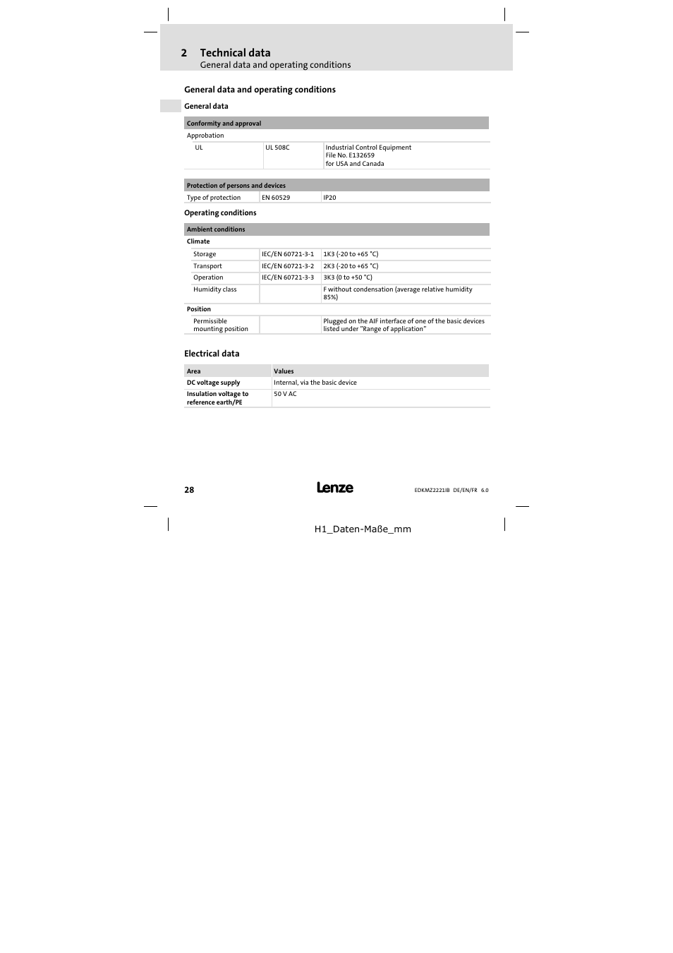 2 technical data, General data and operating conditions, Electrical data | Technical data, 2technical data | Lenze EMZ2221IB User Manual | Page 28 / 58