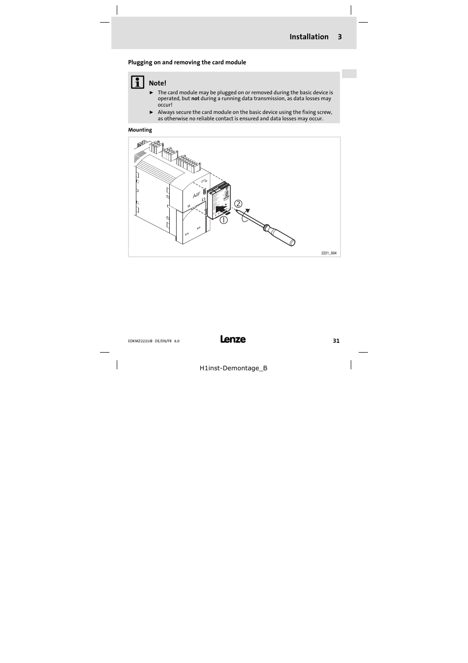 3 installation, Plugging on and removing the card module, Installation | Lenze EMZ2221IB User Manual | Page 31 / 58