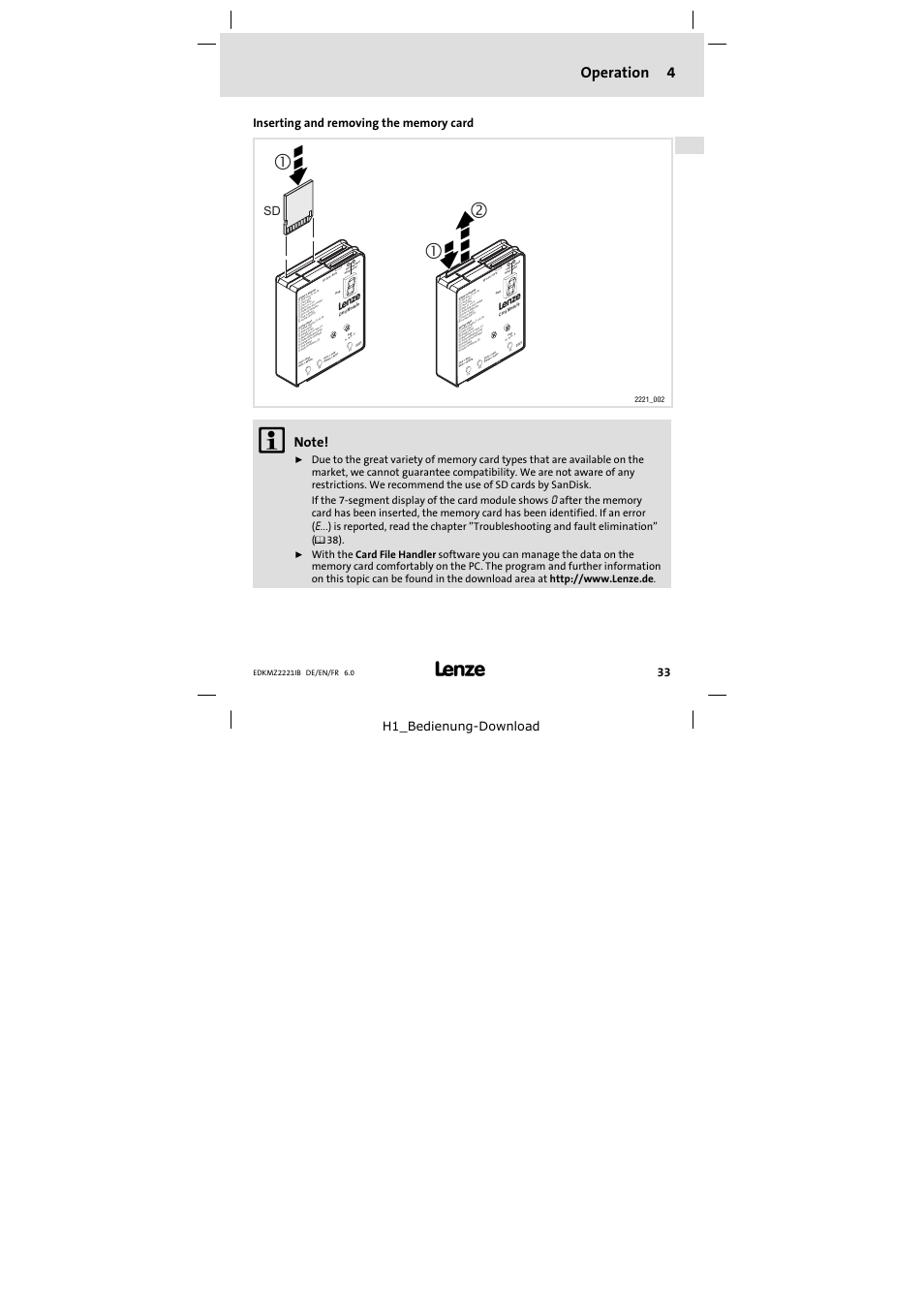 4 operation, Inserting and removing the memory card, Operation 33 | Operation 4, H1_bedienung−download | Lenze EMZ2221IB User Manual | Page 33 / 58