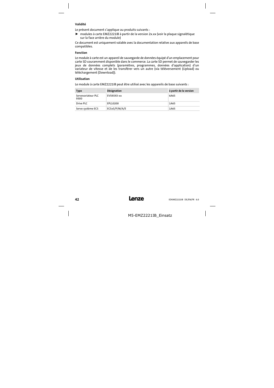Validité / fonction / utilisation | Lenze EMZ2221IB User Manual | Page 42 / 58