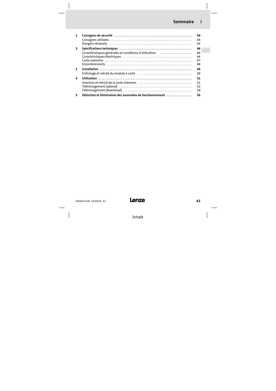 Sommaire, Sommaire i | Lenze EMZ2221IB User Manual | Page 43 / 58