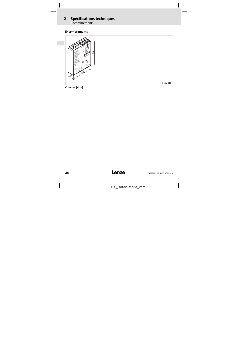 Encombrements, 2spécifications techniques, H1_daten−maße_mm | Cotes en [mm | Lenze EMZ2221IB User Manual | Page 48 / 58