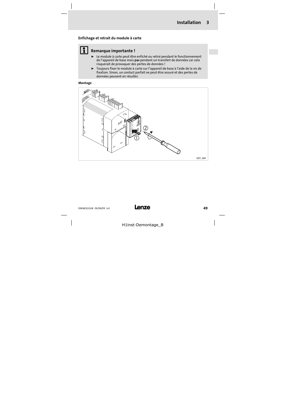 3 installation, Enfichage et retrait du module à carte, Installation | Lenze EMZ2221IB User Manual | Page 49 / 58