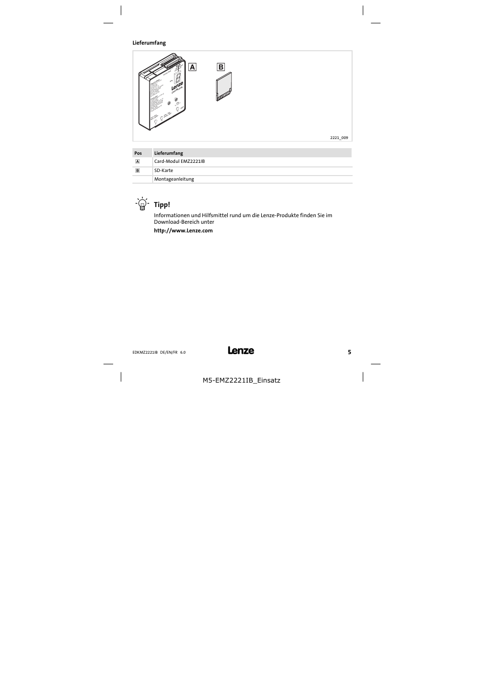 Lieferumfang, Tipp, Pos lieferumfang | Card−modul emz2221ib, Sd−karte montageanleitung | Lenze EMZ2221IB User Manual | Page 5 / 58