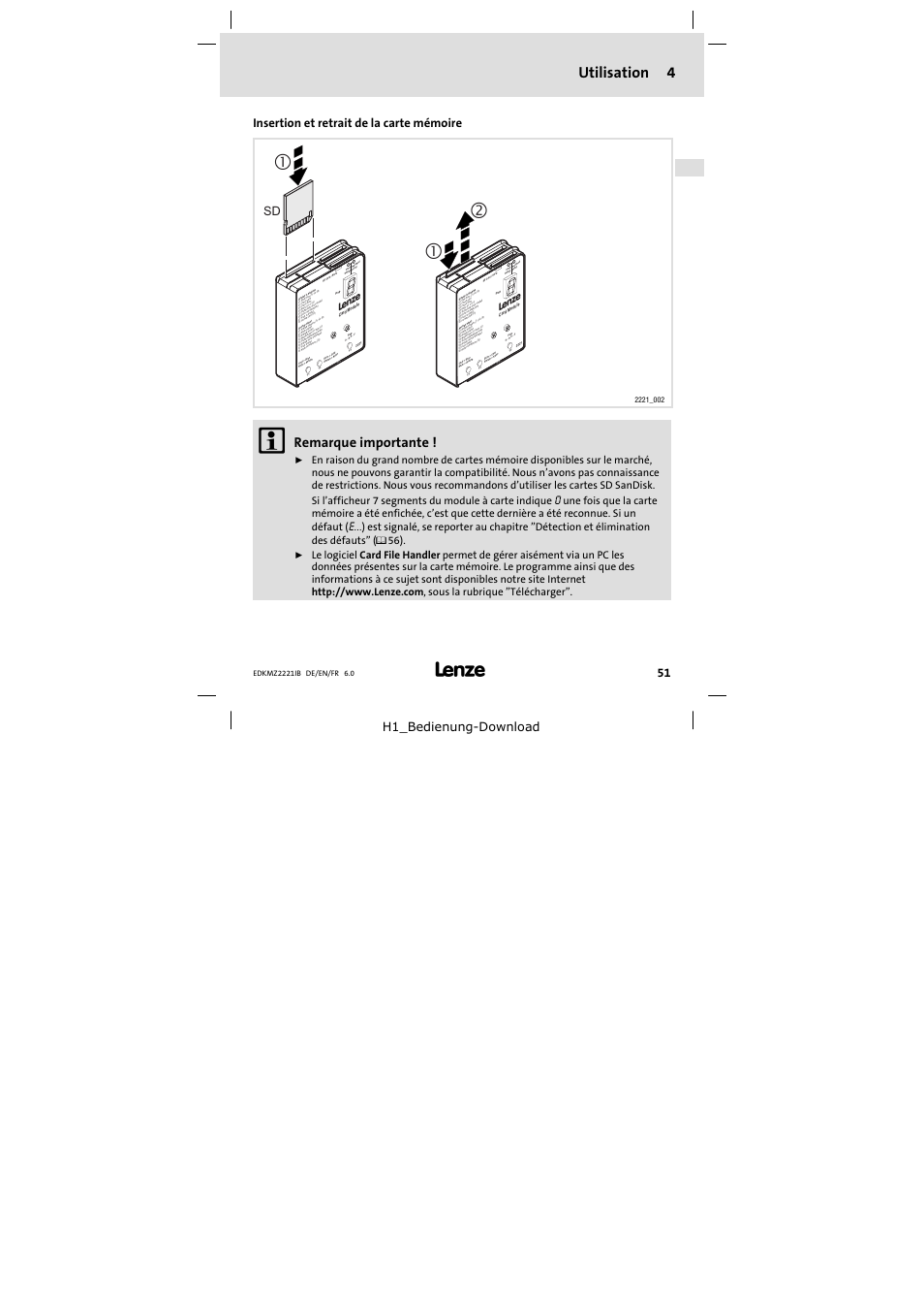 4 utilisation, Insertion et retrait de la carte mémoire, Utilisation | Utilisation 4, Remarque importante, H1_bedienung−download | Lenze EMZ2221IB User Manual | Page 51 / 58