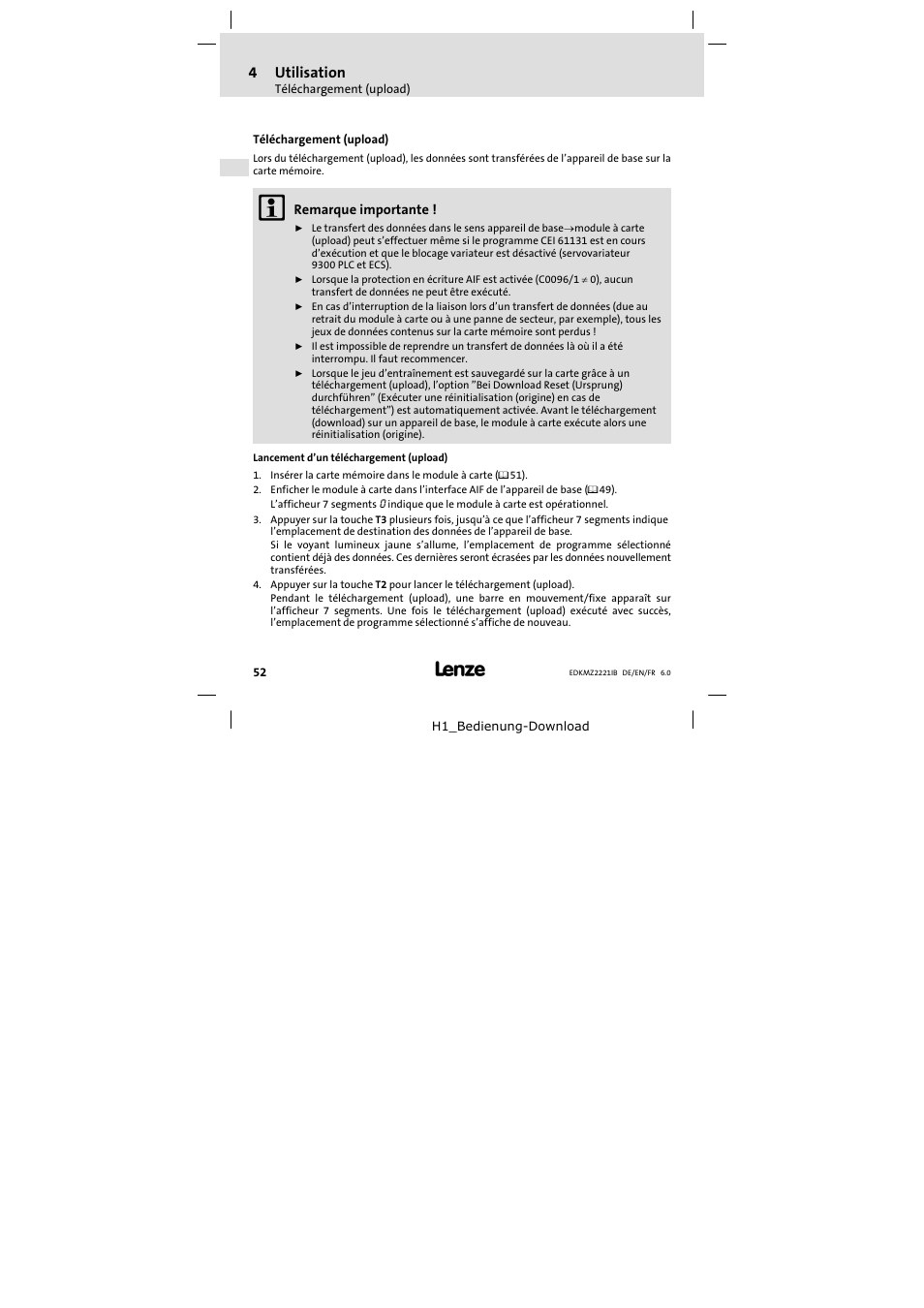 Téléchargement (upload), 4utilisation | Lenze EMZ2221IB User Manual | Page 52 / 58