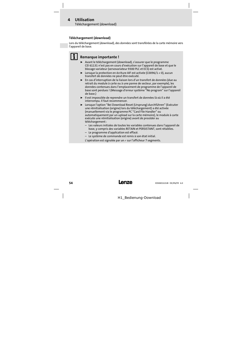Téléchargement (download), 4utilisation | Lenze EMZ2221IB User Manual | Page 54 / 58
