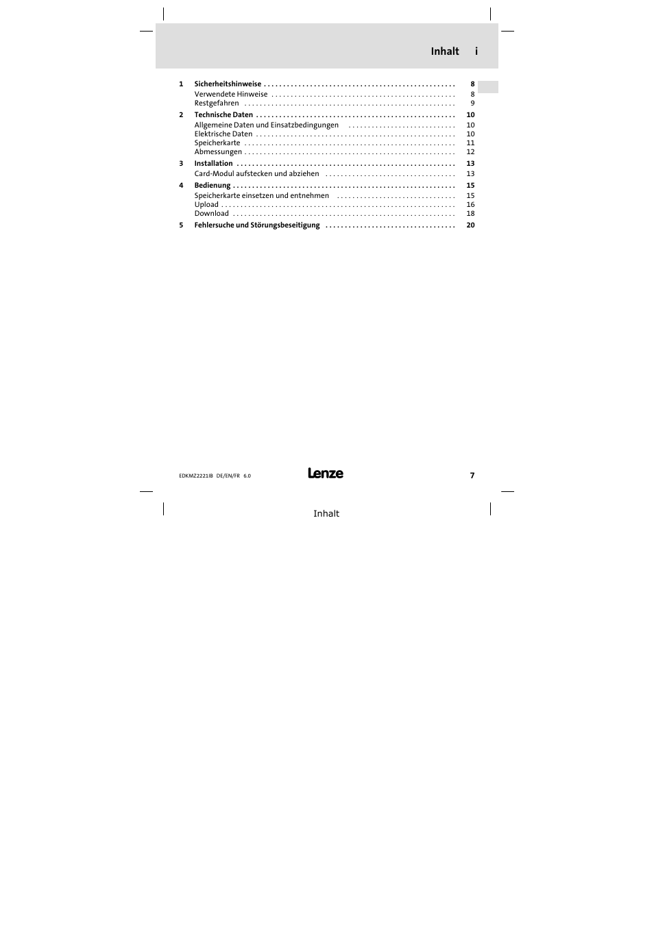 Inahlt, Inhalt i | Lenze EMZ2221IB User Manual | Page 7 / 58