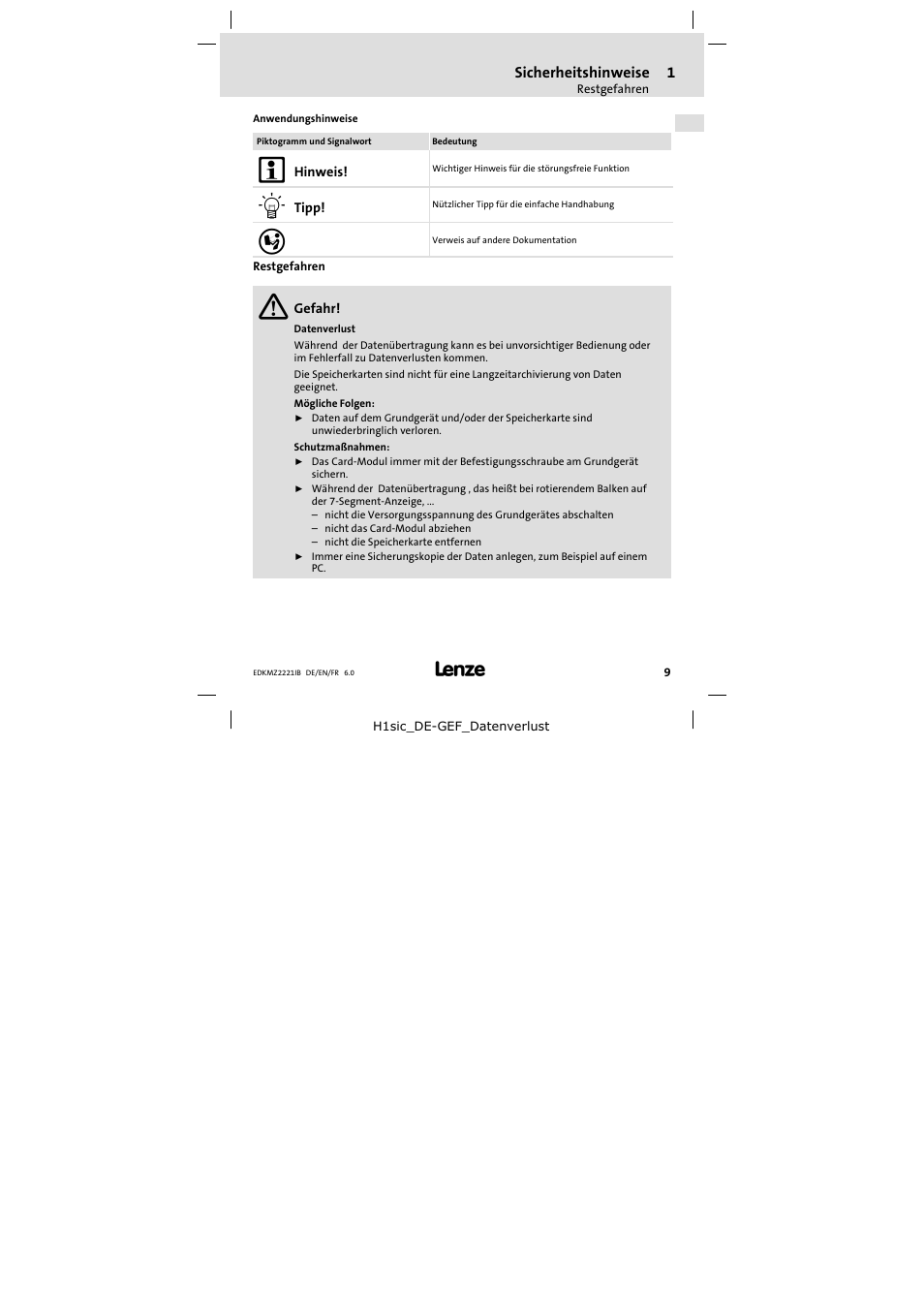Restgefahren | Lenze EMZ2221IB User Manual | Page 9 / 58